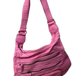 Casual Pink Hobo Shoulder Bag with Pleated Design. Vegan Leather.